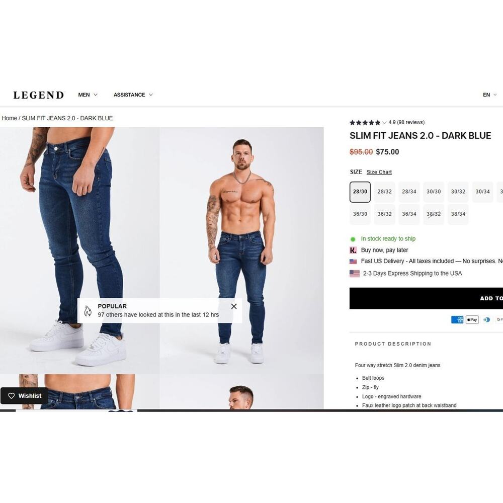 Legend London NWT Dark Blue Wash SLIM FIT JEANS 2.0 Men's 28x34 Long Tall - Picture 8 of 9